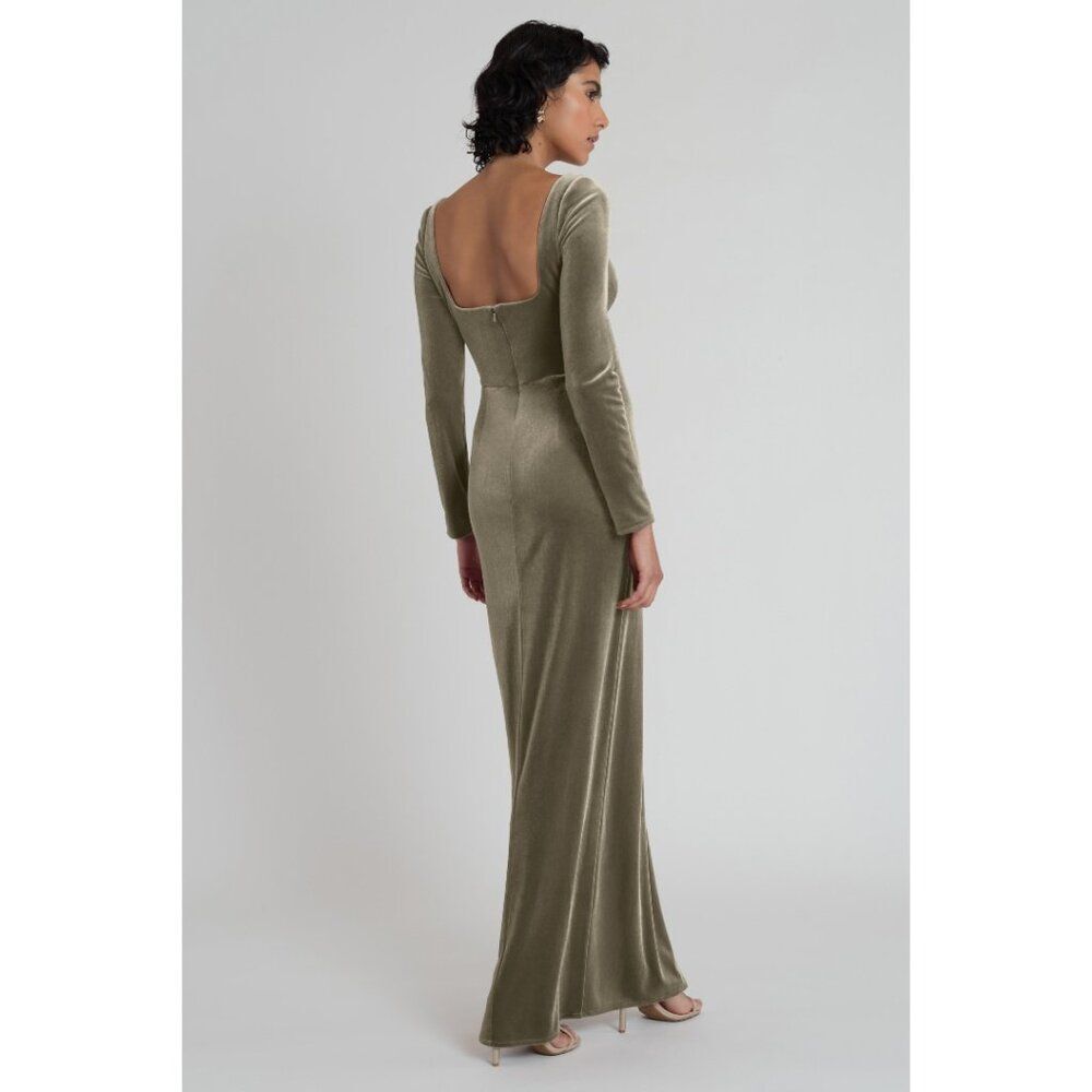 Jenny Yoo Rachel Formal Stretch Velvet Long Sleeve Bridesmaid Evening Gown Sage - Picture 2 of 6